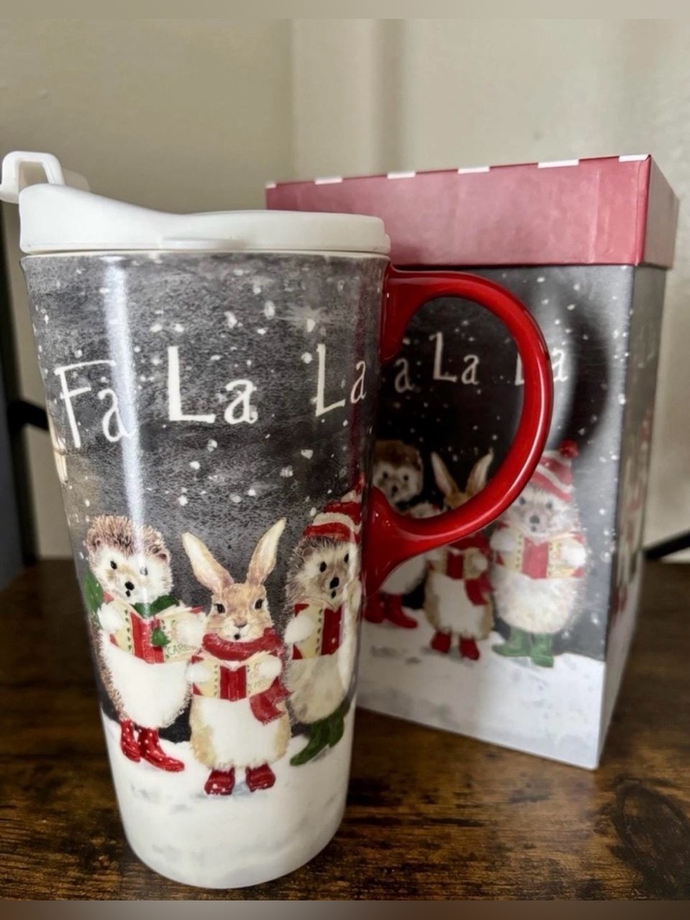 Holiday Fa La La Animal Choir Travel Mug With Lid - Red Handle